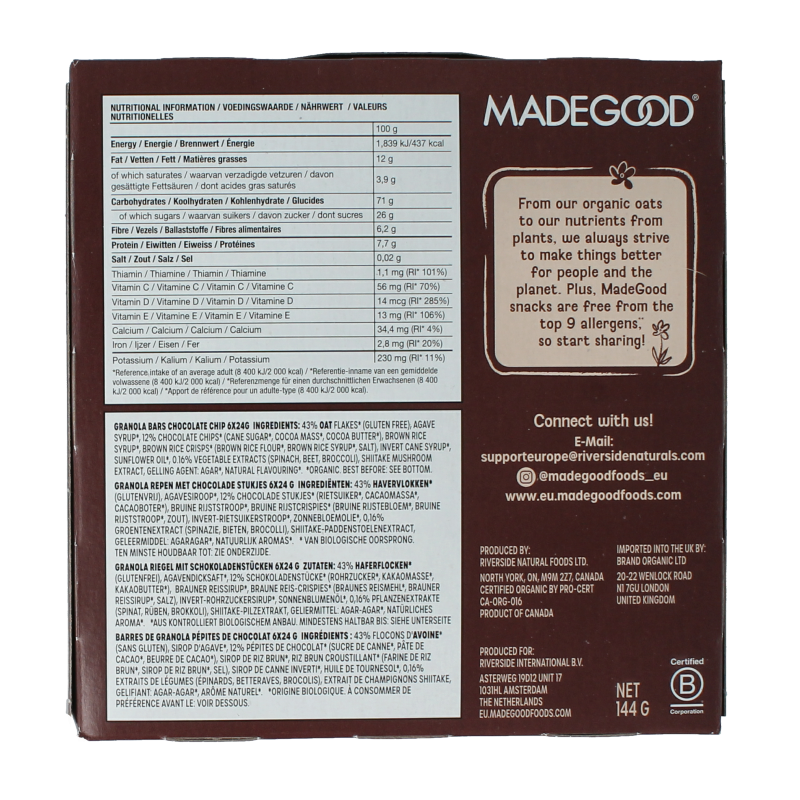 Made Good Granola bar chocolate chip 24 gram bio 6.00 Stuks