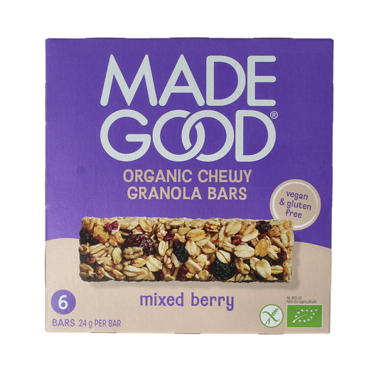 Made Good mixed berries granola bar, gluten-free snack with 24g, displayed in a package of six, for chips and zoutjes category.