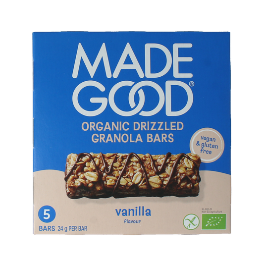 MadeGood vanilla granola bars, organic snack packs, 5-count box, crispy and sweet, perfect for quick healthy snacks.