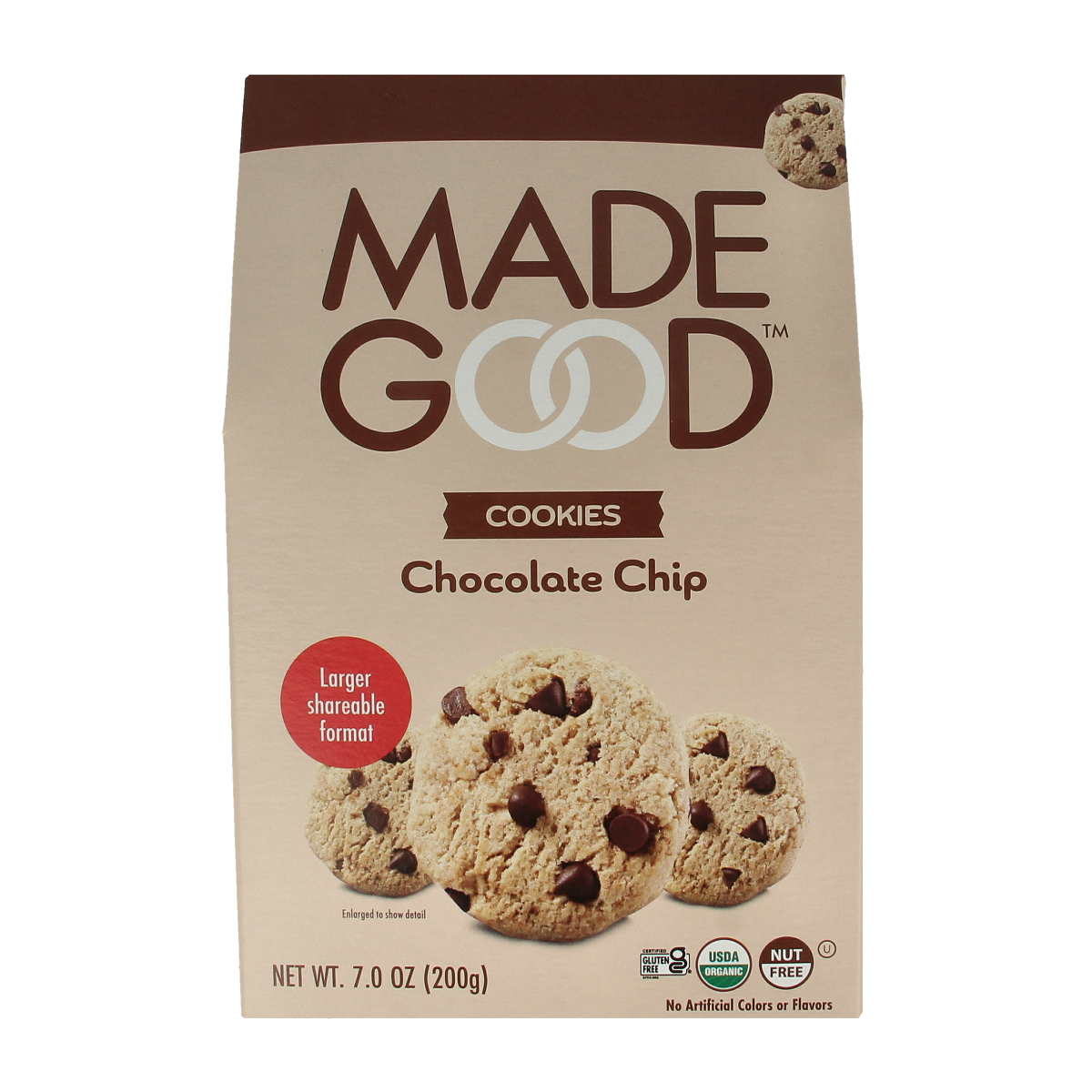 Made Good crunchy chocolate chip cookies in 200g package, featuring golden-brown koeken with chocolate chips visible.