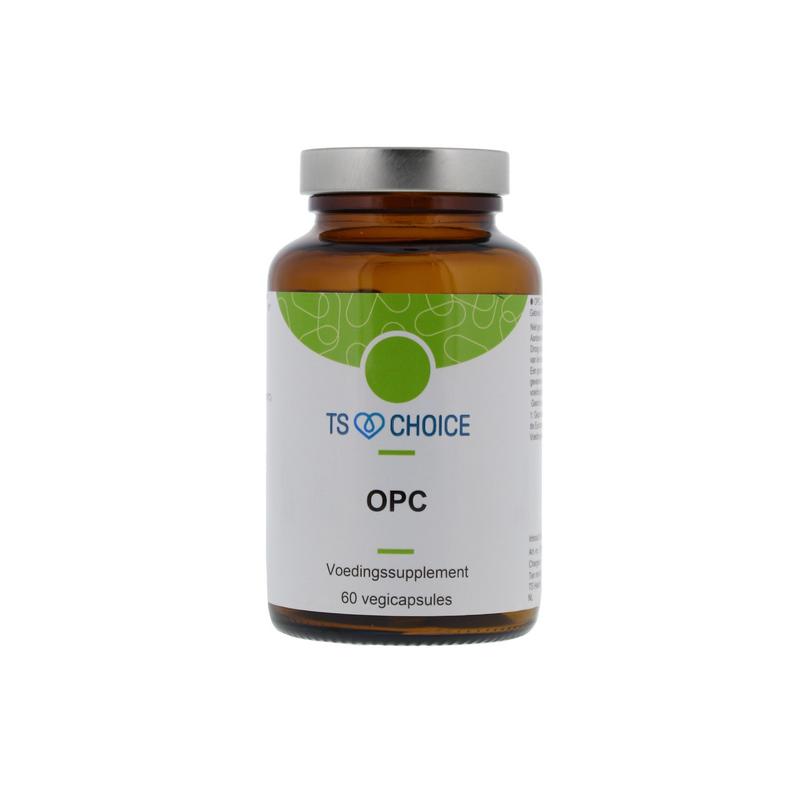 TS Choice Opc 95% herbal capsules, vegetarian dietary supplement, showing white capsules in a clear container.
