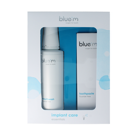 Bluem Implant daily care pack set with cleaning solutions and accessories for oral implant maintenance.