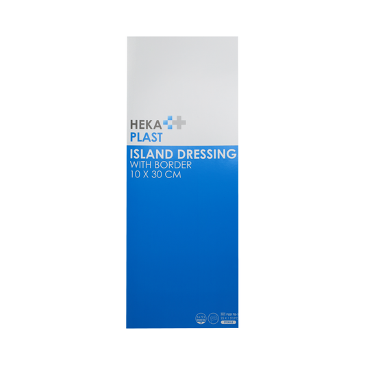 Hekaplast Border adhesive plasters, 10cm x 30cm, pack of 25, for wound covering and protection.