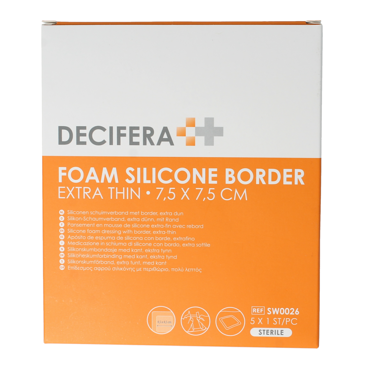 Decifera foam border bandages, 7.5x7.5cm, pack of 5, for wound protection and healing.