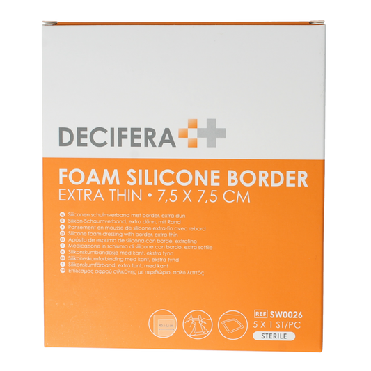 Decifera foam border bandages, 7.5x7.5cm, pack of 5, for wound protection and healing.