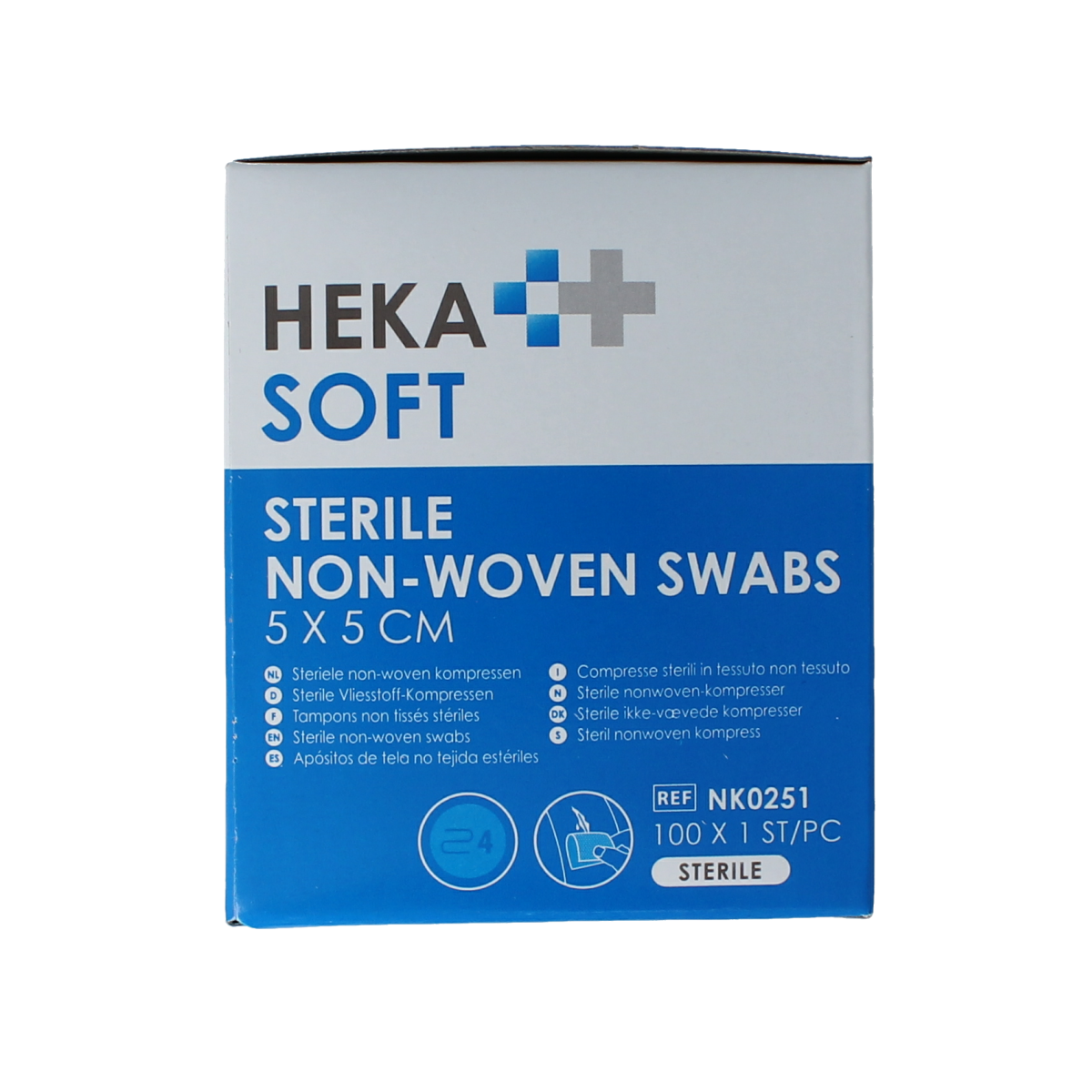 Heka Soft non-woven sterile compress 5x5 cm, pack of 100, used for wound care and medical dressing applications.