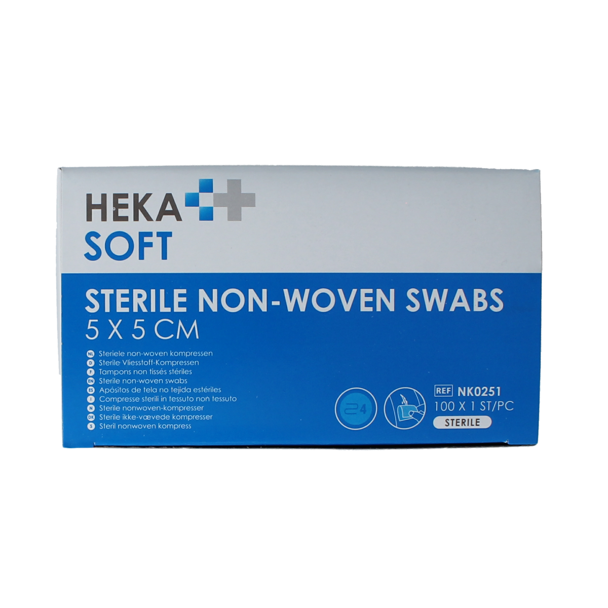Heka Soft non-woven sterile compress 5x5 cm, pack of 100 sterile gauze and compresses for wound care, displayed in the image.