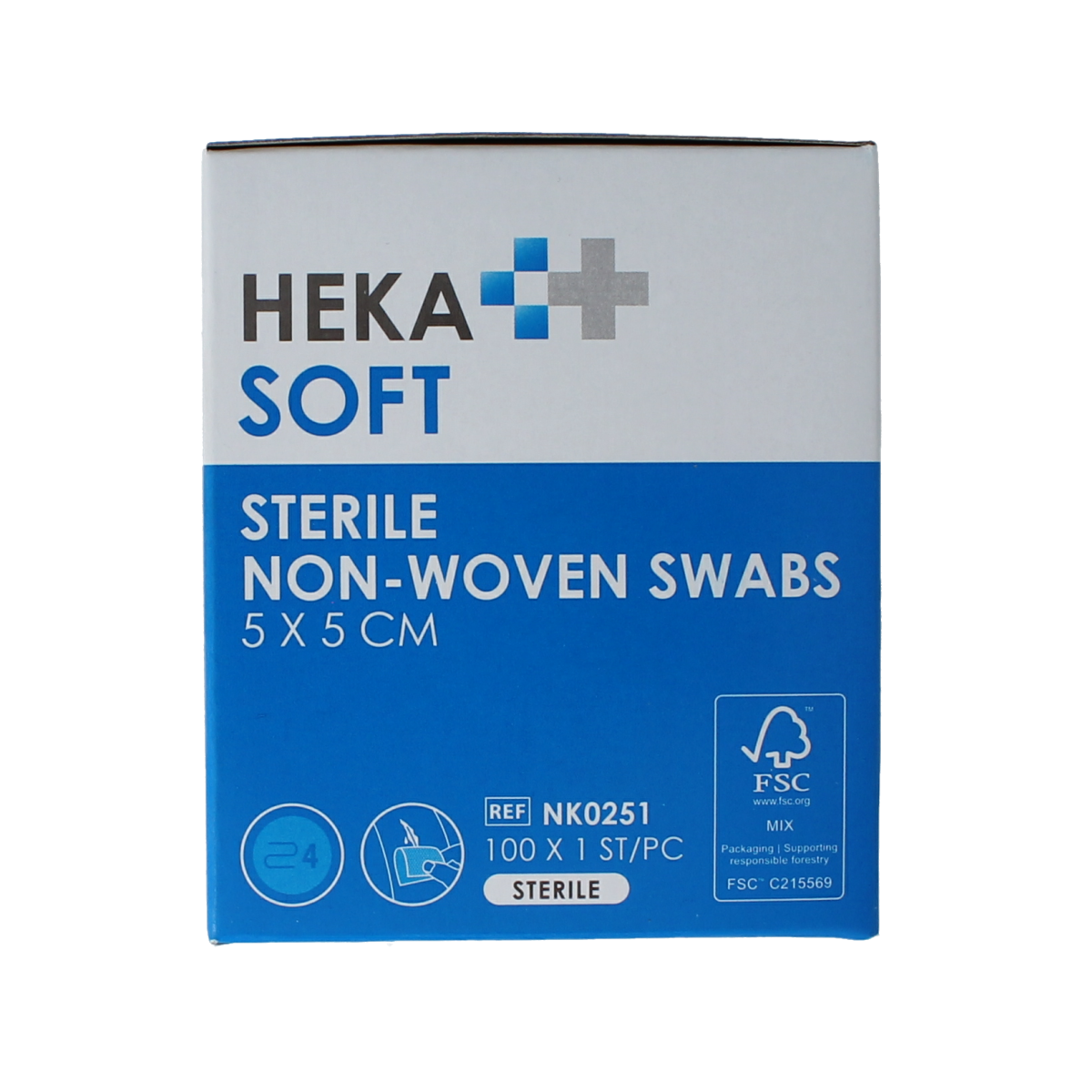 Heka Soft non-woven sterile compress 5x5 cm, medical gauze for wound care, shown in a pack of 100 pieces.