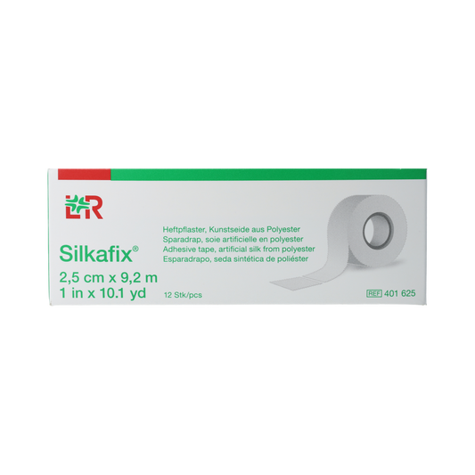 Silkafix Hechtpleister latexvrije 9.2m x 2.5cm, pack of 12, adhesive bandages and tape for wound care.