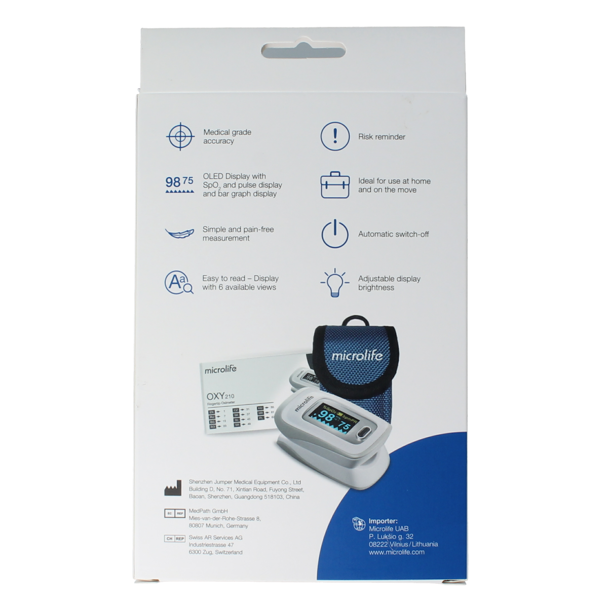 Microlife OXY210 pulse oximeter measuring oxygen saturation and pulse rate, compact medical instrument in a white color.