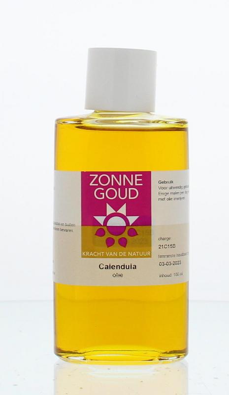 Zonnegoud Calendula olie in 100ml bottle, herbal preparation with bright orange calendula flowers and green herbal ingredients.