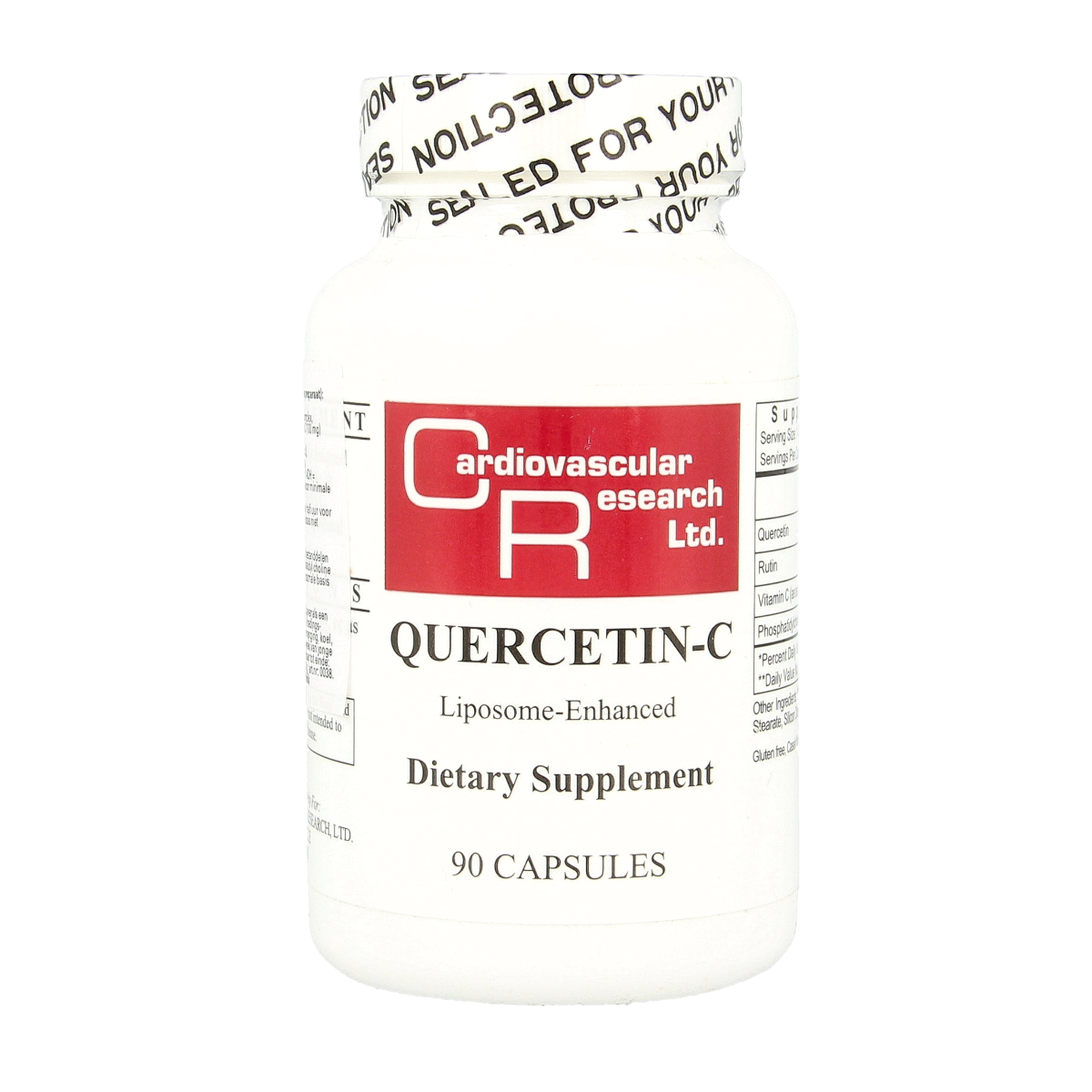 Bottle of Cardio Vasc Res Quercitin C cardio dietary supplement capsules, natural health product for cardiovascular support.