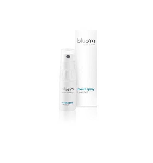 Bluem mouth spray 15ml for oral hygiene and teeth cleaning, displayed in a small blue bottle with a spray nozzle.