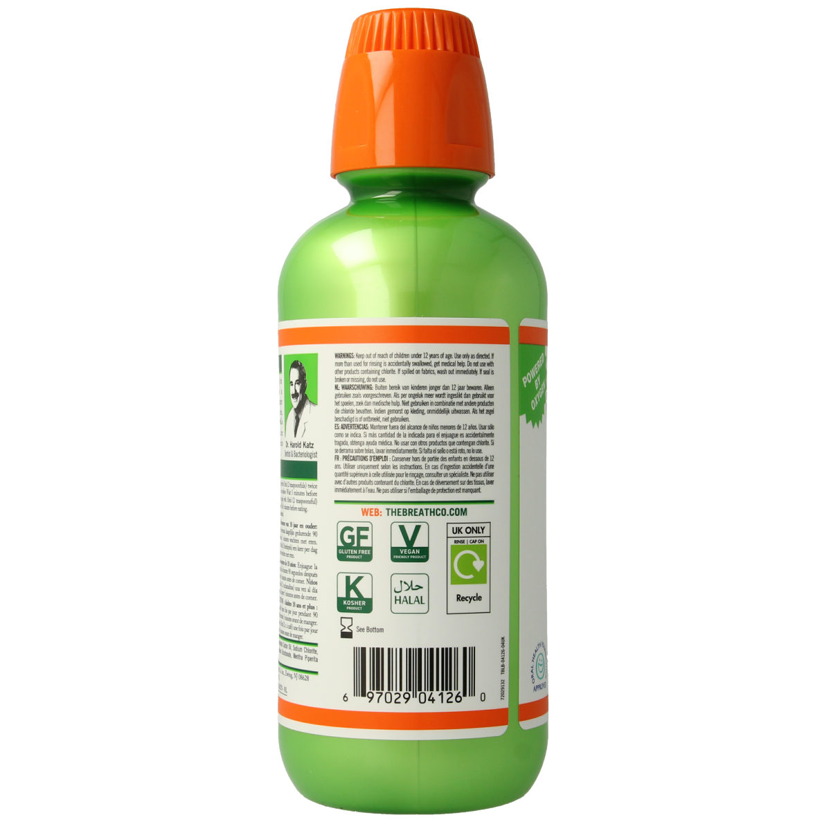 The Breath Co Mild Mint mouthwash in a 500ml bottle, showcasing the label and transparent liquid inside.