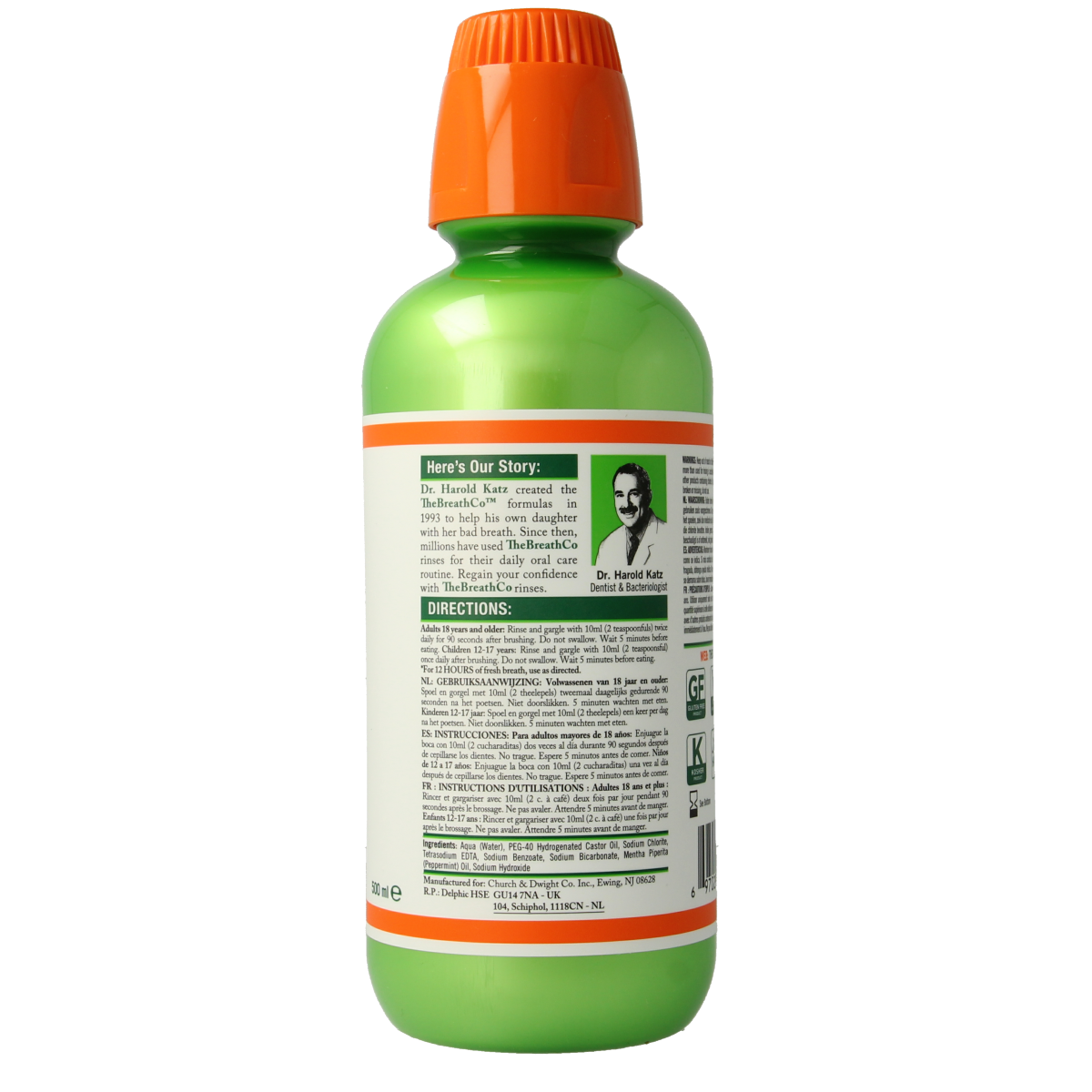 The Breath Co Mild Mint mouthwash in a 500ml bottle, featuring a clear label and blue cap, designed for fresh breath.