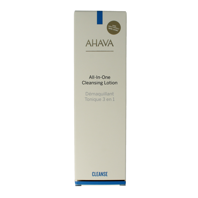 Ahava All in One Toning Cleanser 250ml for facial skincare, featuring clear liquid and pump dispenser.