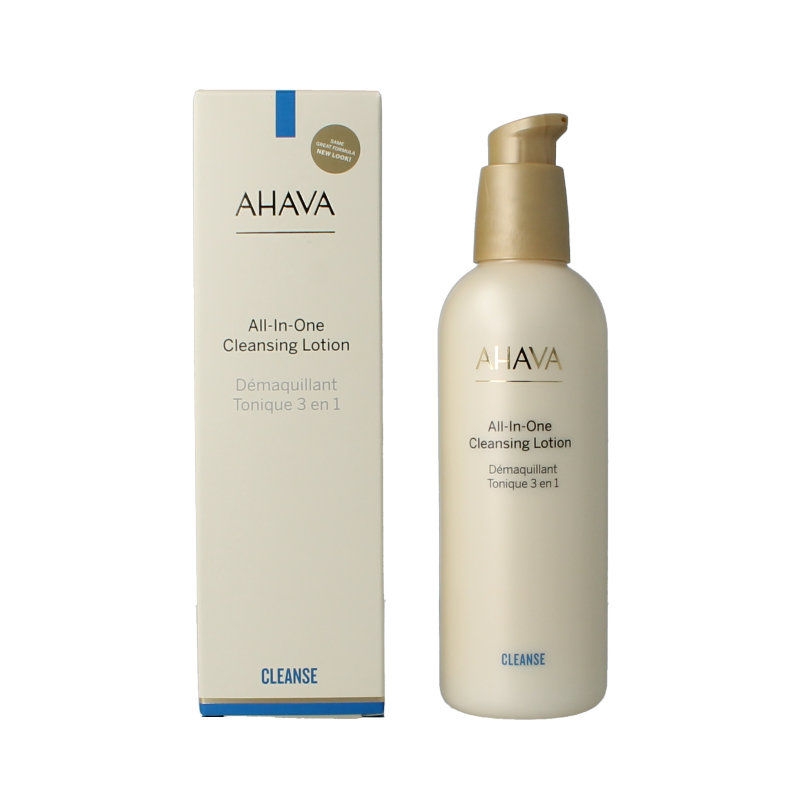 Ahava All in One Toning Cleanser 250ml for face, gentle skincare product with clear liquid and minimalist packaging.