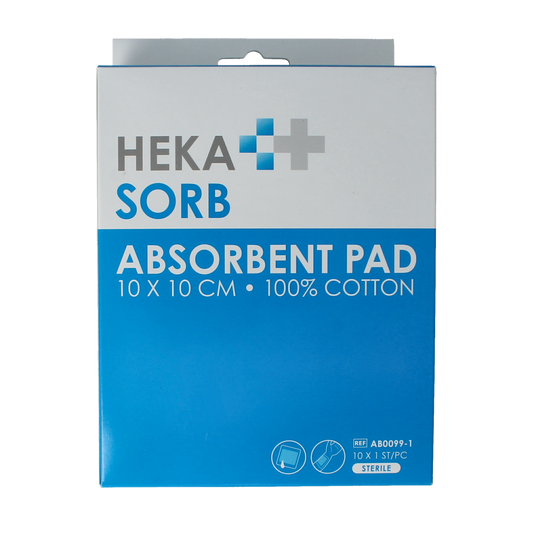 Sterile Hekasorb absorbent dressings in 10x10cm, pack of 10, with absorbent material for wound care.