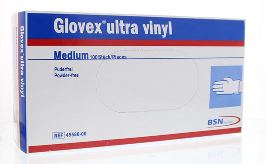 Pair of Glovex vinyl medium medical gloves in a box, showing multiple gloves ready for protective use.