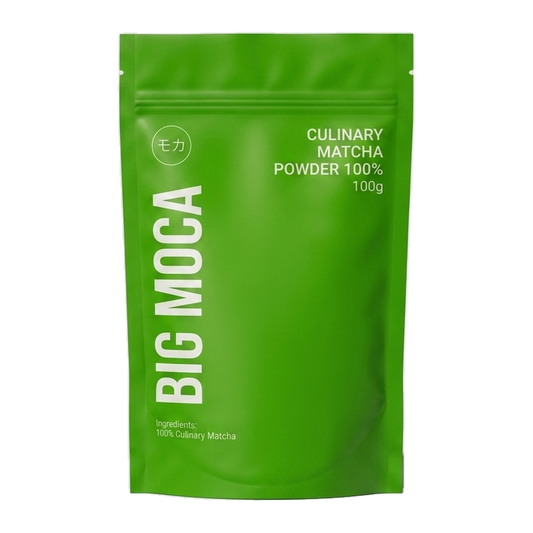 Powerful People BIG MOCA Culinary Matcha powder in 100g container, ideal for drinks and recipes, front view of packaging.