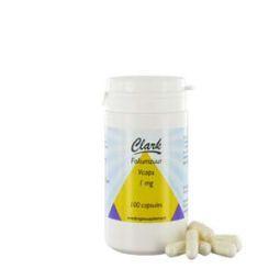 Clark Foliumzuur 1mg vitamin capsules, showing a bottle of 100 capsules with label details.