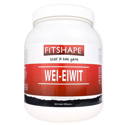 Fitshape Wei eiwit vanille aminozuren supplement in 1kg container, showing the vanilla-flavored protein powder.