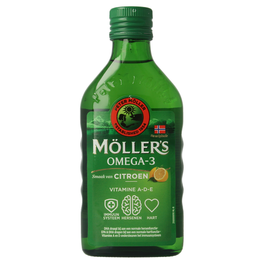 Mollers Omega-3 levertraan citroen bottle, 250ml, a fish oil supplement with lemon flavor, in a clear plastic bottle.