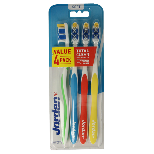 Jordan TotalClean Soft toothbrushes, set of 4, with blue and white handles, designed for gentle cleaning and oral hygiene.