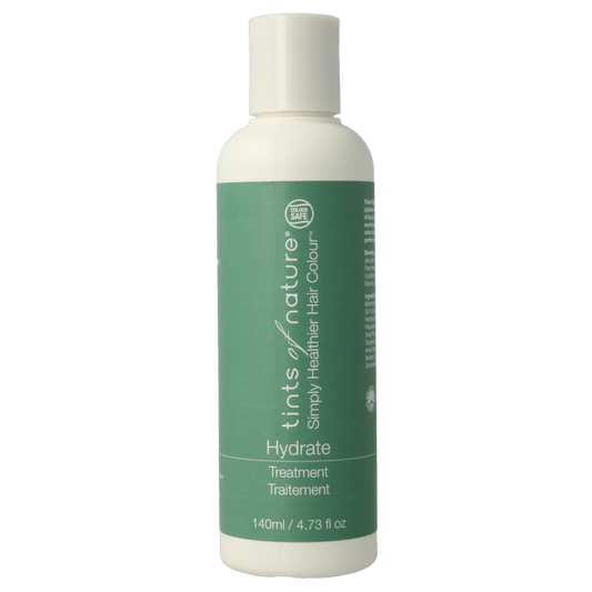 Tints Of Nature Hydrate Hair Treatment 140ml bottle showing the natural herbal formula for nourishing hair care.