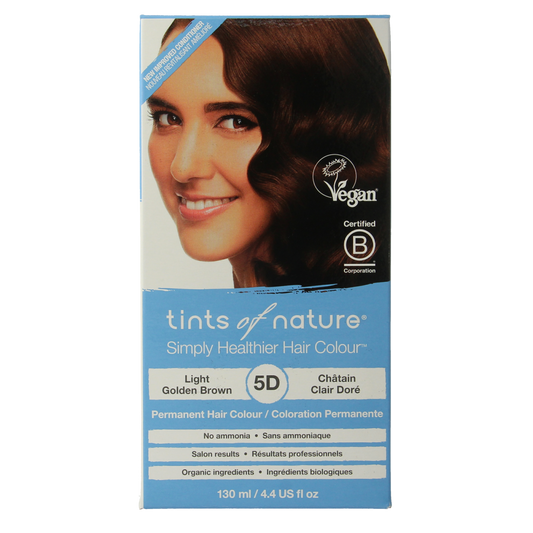 Tints Of Nature 5D licht goudbruin 1.00 hair coloring kit showing box and color swatches