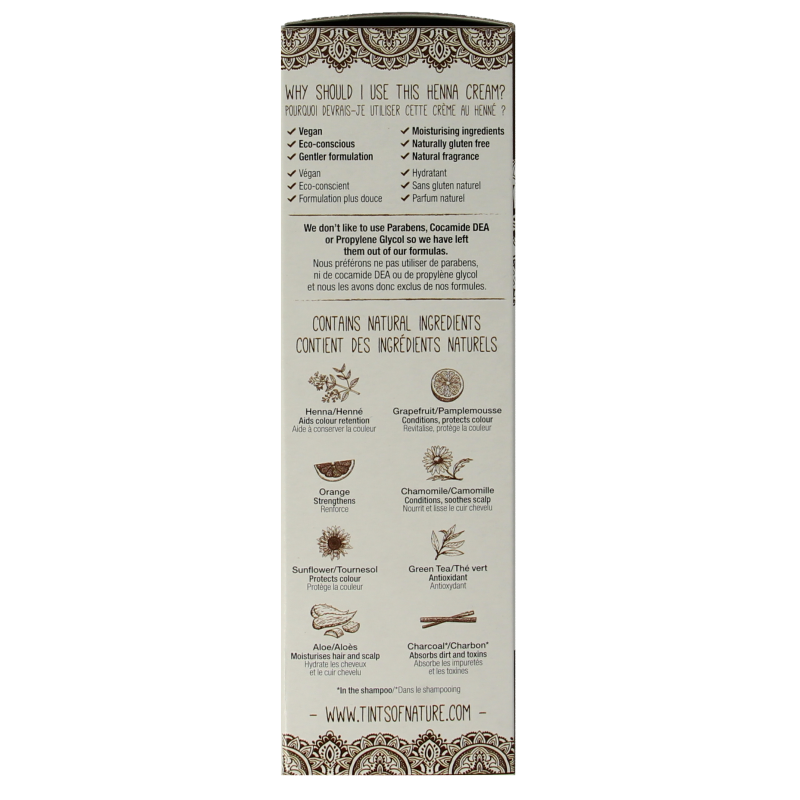Tints Of Nature light brown henna cream for semi-permanent hair coloring, 70ml jar with natural ingredients.