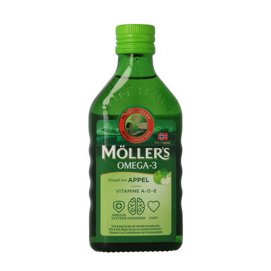 Mollers Omega-3 levertraan appel, 250ml bottle of fish oil supplement with lemon flavor, from the Mollers brand.
