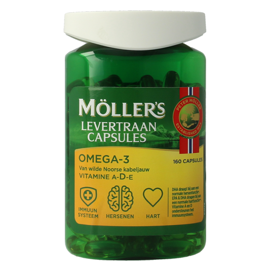 Mollers Omega-3 Vetzuren levertraancapsules in a transparent bottle, showcasing the soft gel capsules for omega-3 fatty acids.