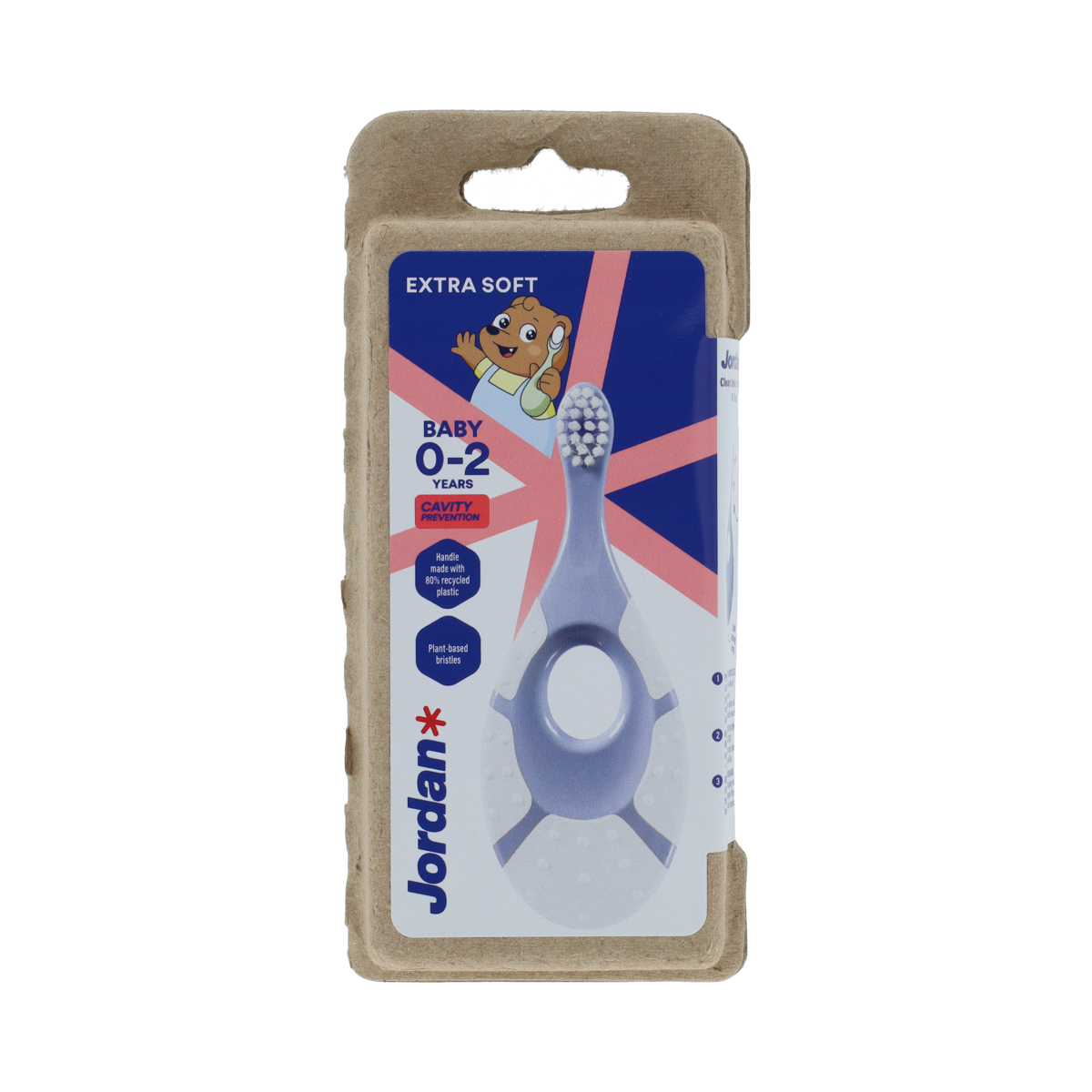 Jordan Baby Clean Smile Care extra soft toothbrush for babies, showing soft bristles and small handle for gentle cleaning.
