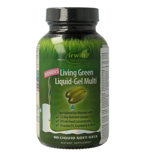 Irwin Naturals Living Green Liquid Gel Multi for Women, 90 softgels, dietary supplement with vitamins and minerals.
