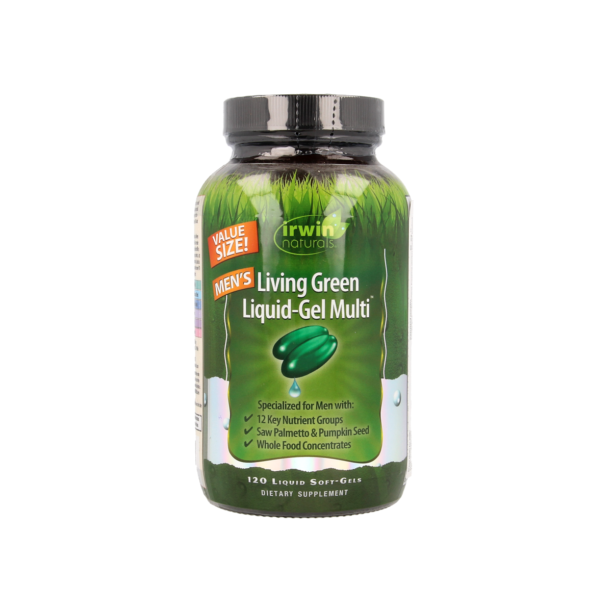 Irwin Naturals Living Green liquid gel multivitamin for men, 120 softgels, showing the supplement bottle with green label and softgel capsules