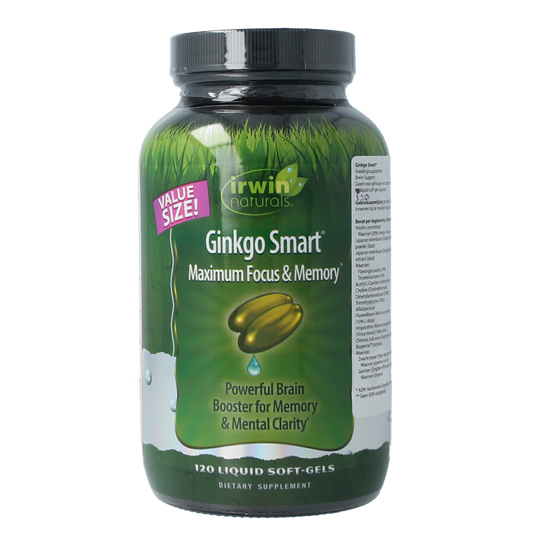 Irwin Naturals Ginkgo Smart softgels supplement in a bottle, natural herbal remedy for cognitive support and mental clarity.