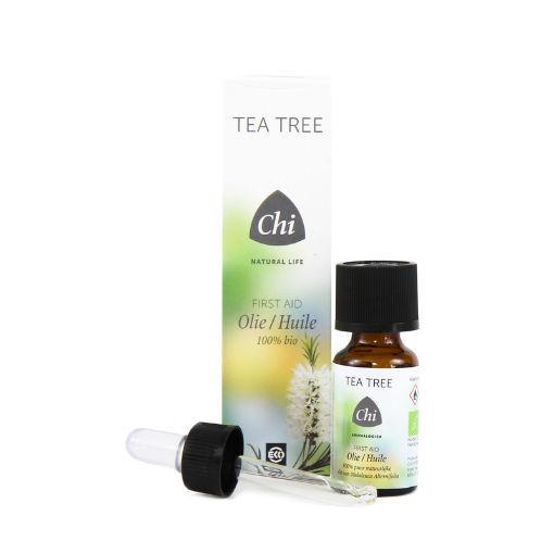 Chi Tea Tree Bio 100ml body care bottle, featuring a white label and green cap, designed for natural skin and first aid use.