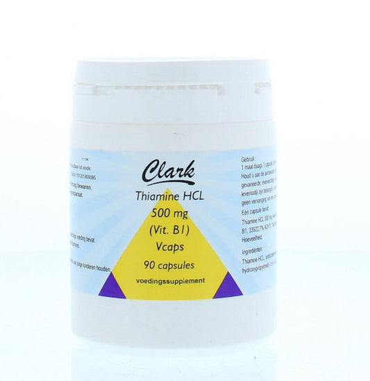 Clark Vitamine B1 500mg vegetarian capsules, 90 count, showing the supplement bottle and capsules on a white background.