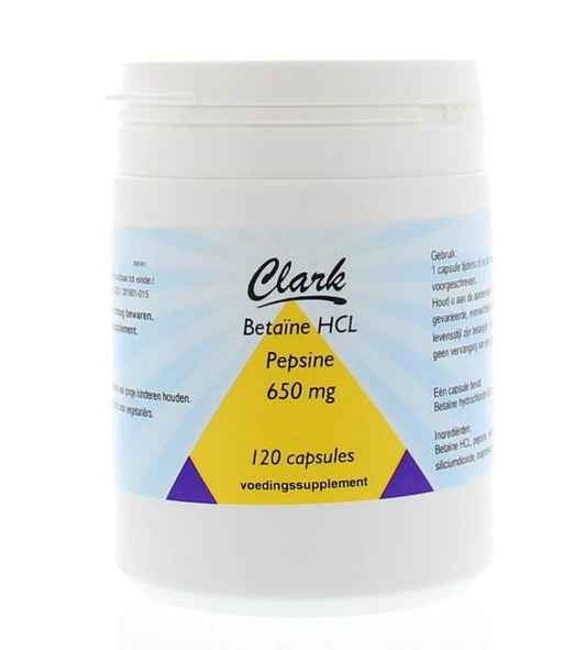 Clark Betaine HCL 650 capsules, herbal supplement by Clark, shown in a bottle with capsules for digestive support.