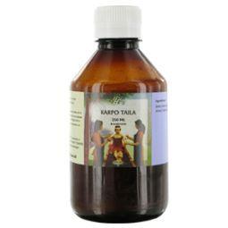 Holisan Karpo taila 250ml bottle for body care, featuring a clear plastic container with a golden-yellow oil inside.