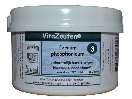 VitaZouten Ferrum phosphoricum mineral tablets in a bottle, supplement for mineral balance, shown in a close-up image.