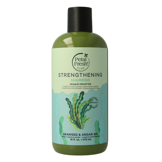 Petal Fresh Seaweed & Argan Oil Shampoo bottle, 475ml, for hair care, with green and white packaging and product label visible.