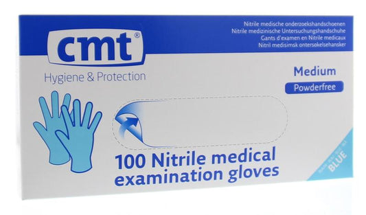 Blue nitrile medical examination glove by CMT, powder-free, size 100, for protective and healthcare use.