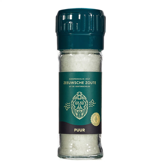 Zeeuwsche Zoute Zoutmolen puur 50g, featuring a compact salt grinder with Zeeuwsche Zoute branding and a clear viewing window