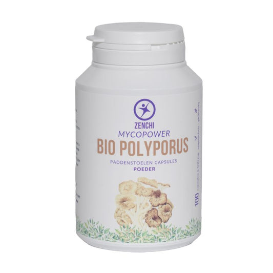 Mycopower Polyporus bio capsules in a bottle, herbal supplement from Kruidenpreparaten brand, for immune support and wellness.
