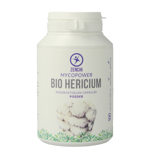 Mycopower Hericium bio herbal supplement 100 capsules featuring white and green packaging with herbal design elements.