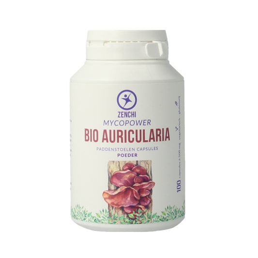 Mycopower Auricularia bio herbal capsules in a bottle, dietary supplement from Kruidenpreparaten brand.