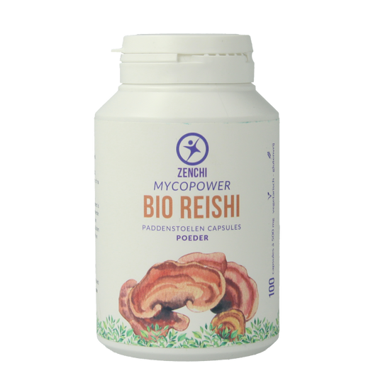 Mycopower Reishi bio 100 capsules in a bottle, herbal supplement from Kruidenpreparaten brand with green and white packaging.