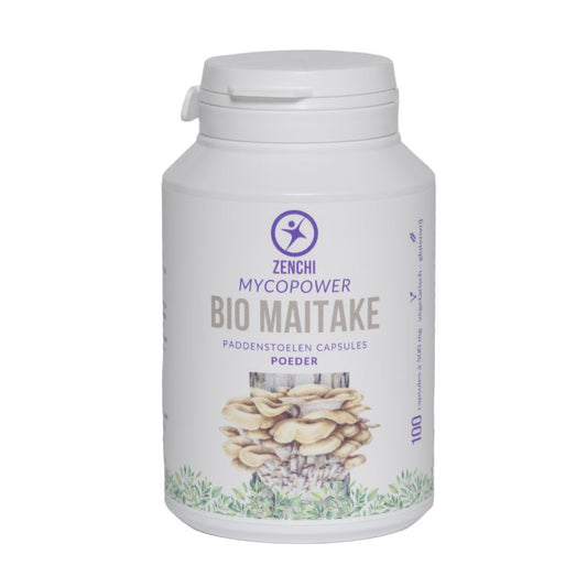 Mycopower Maitake bio capsules, herbal supplement, 100g, in a white bottle with label, showing capsules and packaging.